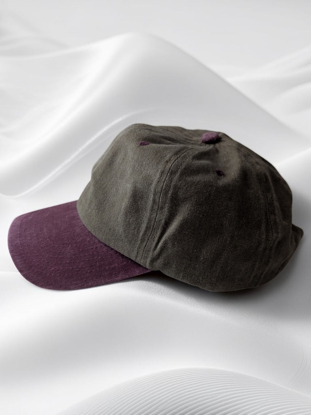 Women's Men's Dyed Washed Two-Tone Olive and Plum Baseball Cap Hat - Picture 2 of 4